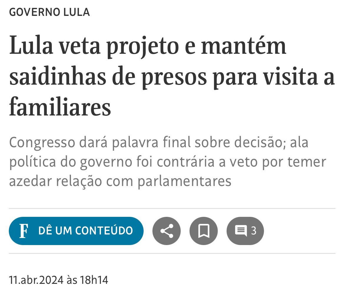 Não surpreende. Lula, o pai dos presos, acaba de retribuir as facções criminosas pelos 'diálogos cabulosos' mantidos com o PT e pela votação esmagadora dada pelos presidiários em 2022. Como Líder da Oposição, vou trabalhar com meus colegas para derrubar todos os vetos