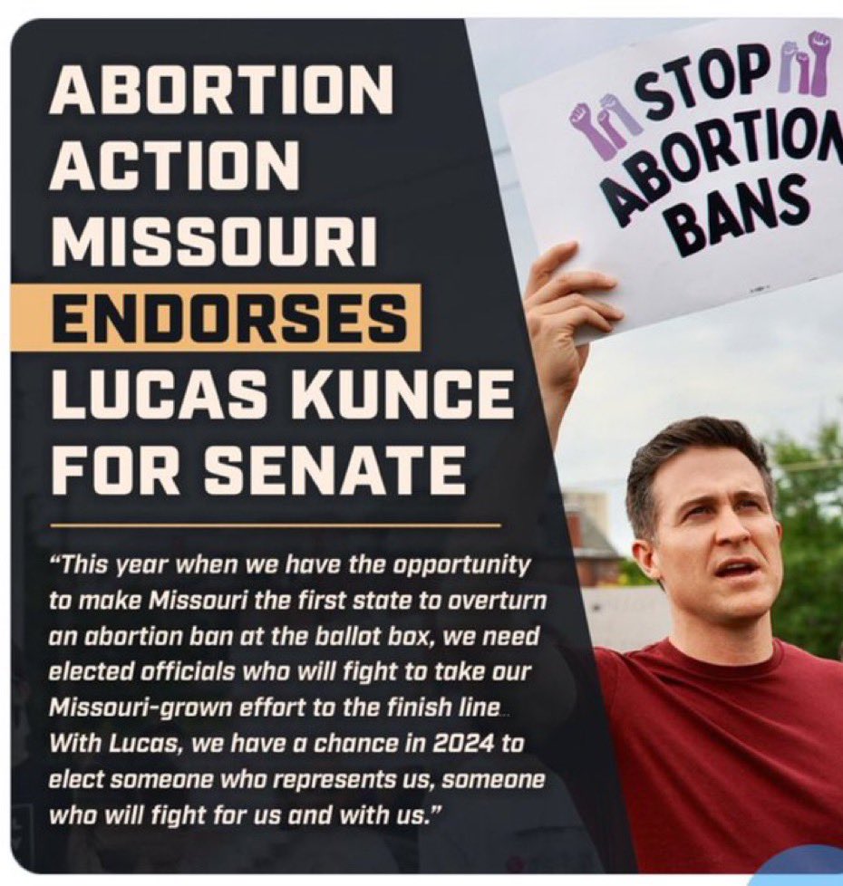 #DemVoice1 #DemsUnited Abortion Action Missouri @AbortionAction endorses LUCAS KUNCE for the US Senate Missourians are fighting back & @LucasKunceMO is fighting with them to end the abortion ban, protect IVF, birth control & all other freedoms Josh Hawley is trying to take…