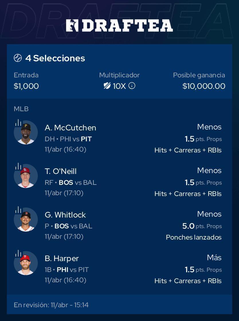 Mis niños pues yo sigo disfrutando el baseball de una manera diferente gracias a @draftea_mexico y hoy para no verme tan ambicioso voy a meter este ticket de cuatro jugadores! Usen mi código : PEPE para llevarse un regalito de 100 pesos en su primer depósito.