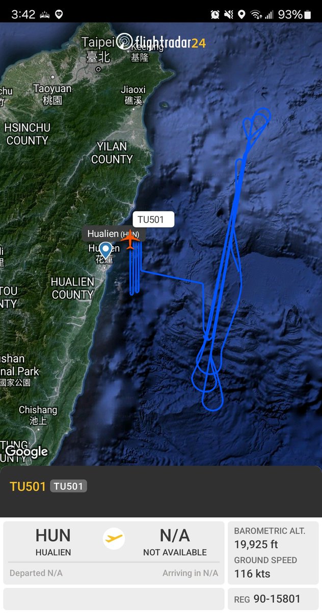 Taiwan:

UAV 90-15801 #8991F9 as TU501 has been active east of the island for over 12 hours.

I've seen this ID'd as a Ten Yung 2 long-endurance UAS, which is comparable to the US MQ-1.