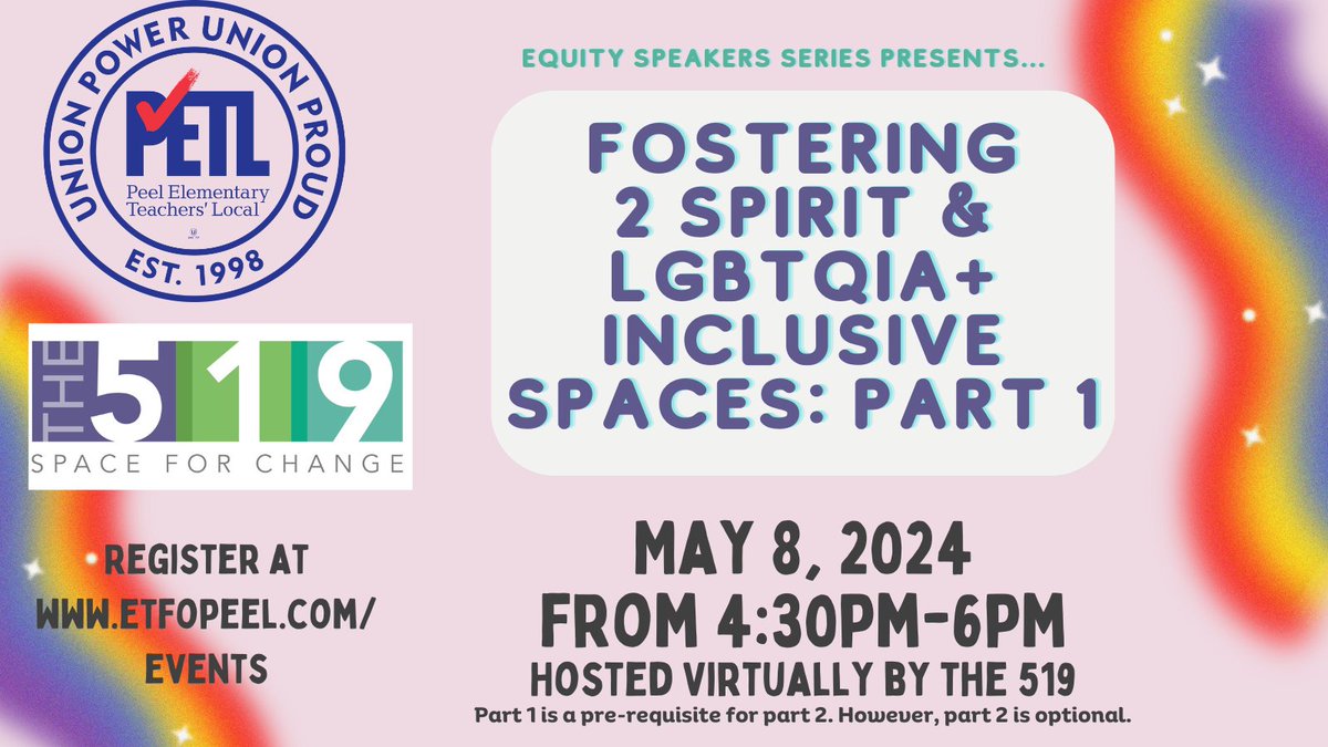 May 8/24 - Fostering 2 Spirit and LGBTQIA+ Inclusive Spaces (Part 1)
Join @The519 as we learn strategies to building inclusive classrooms. (If you choose to register for part 2 you will need to have taken part 1)
#PETL members register at: etfopeel.com/event/fosterin…