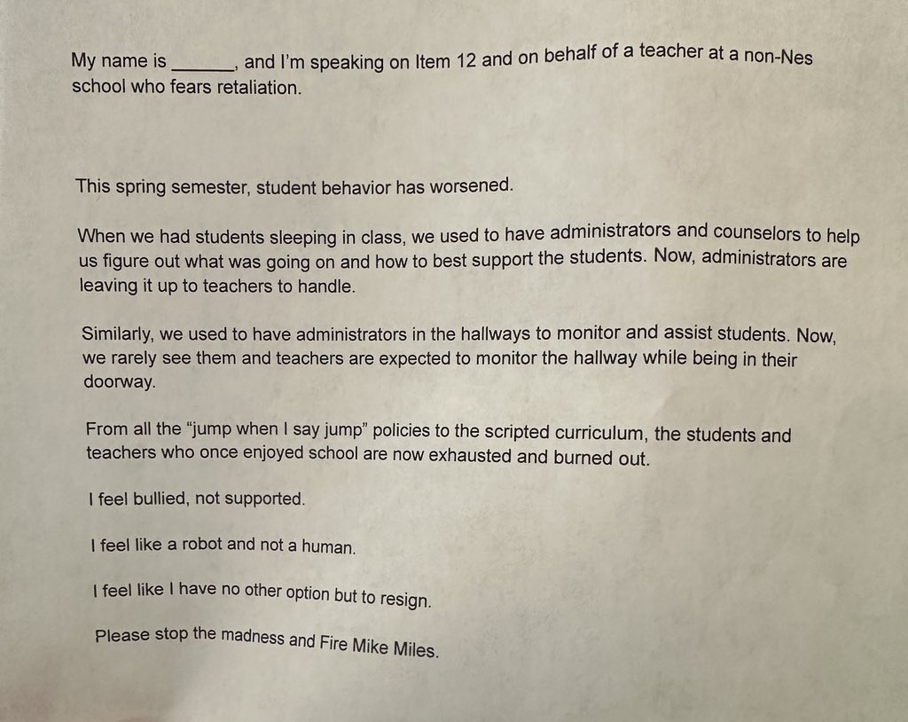 The HISD Board meeting is going to run late. This is the comment I would have read on behalf of a teacher at a non-NES school who fears retaliation. Follow @HFT2415 and @HoustonCVPE