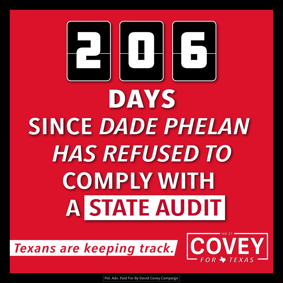 It’s been 206 days, and Dade Phelan still has not complied with a state audit on the sham impeachment of AG Paxton. Dade wants to hide the costs from taxpayers. What’s he afraid of? What’s he hiding?