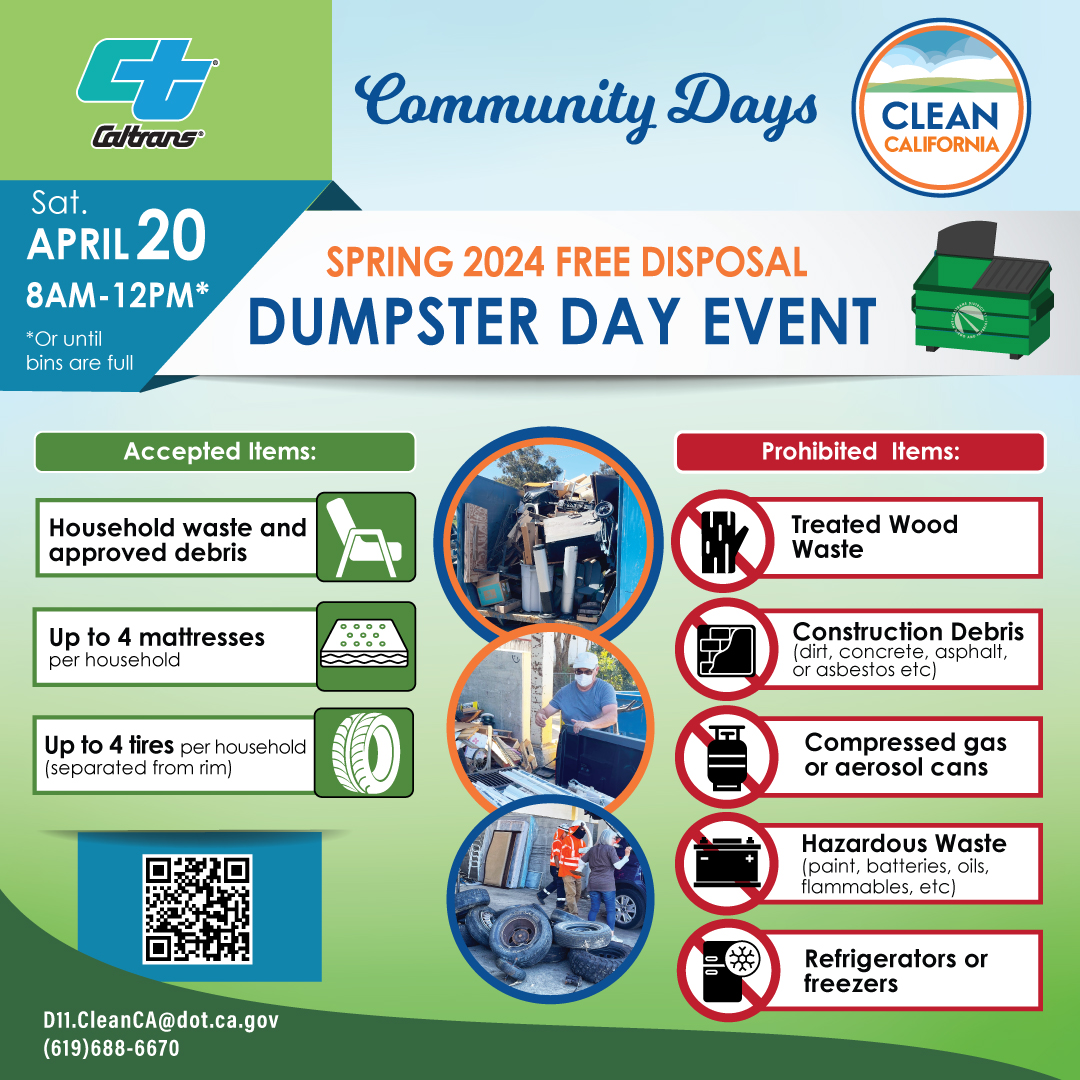 You can participate in this year’s community days in at our Dumpster Day events in in Chula Vista and Imperial County on Saturday, April 20 from 8pm to 12pm.