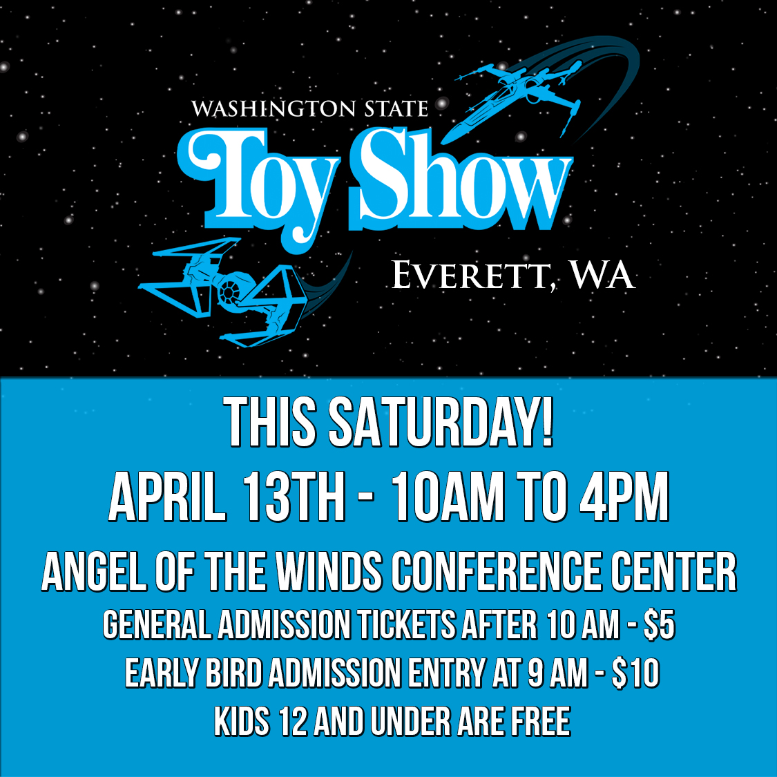 Join us as the Washington State Toy Show heads north to Snohomish County for our Everett Toy Show this Saturday. This show will fill every corner of available space in the beautiful Angel of the Winds Conference Center in downtown Everett. April 13th 10am-4pm