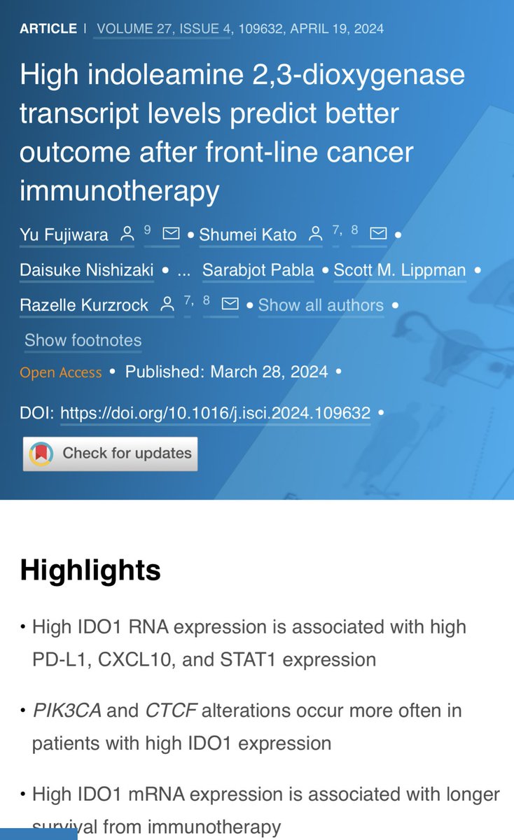 cell.com/iscience/fullt… Let me re-post! Our work dissecting mRNA expression of immune markers is now available! @iScience_CP High IDO1 expression appears to predict better response to 1st line immunotherapy in cancer. I appreciate amazing mentorship from @Dr_R_Kurzrock Dr Kato!