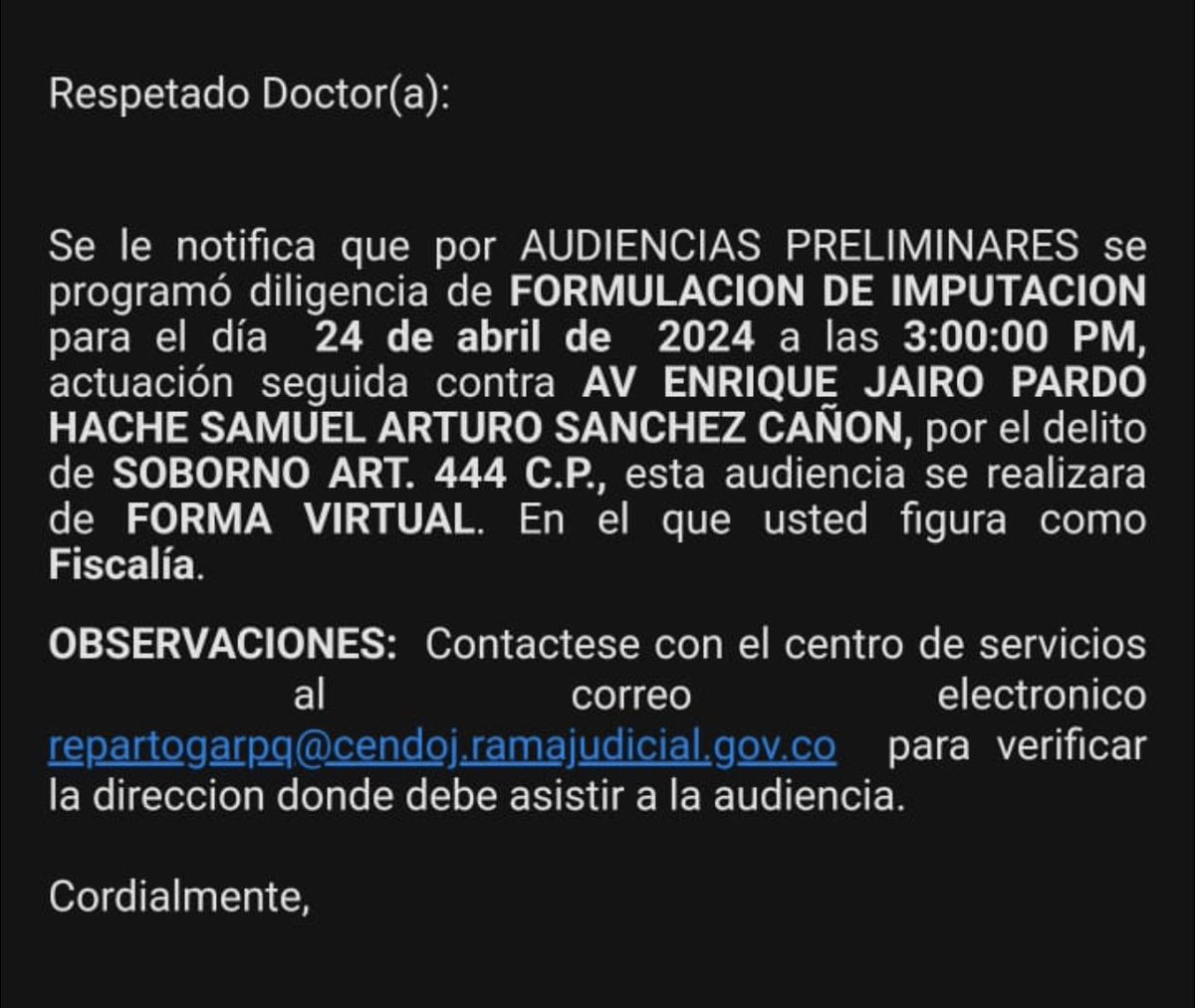 Se vienen más imputaciones en el caso Uribe por parte de la fiscalía. Ahora el turno es para el bandido de Enrique Pardo Hasche y Samuel Sánchez Cañón que serán imputados el próximo 24 de Abril y quienes participaron en el soborno a Juan Monsalve y otros testigos.