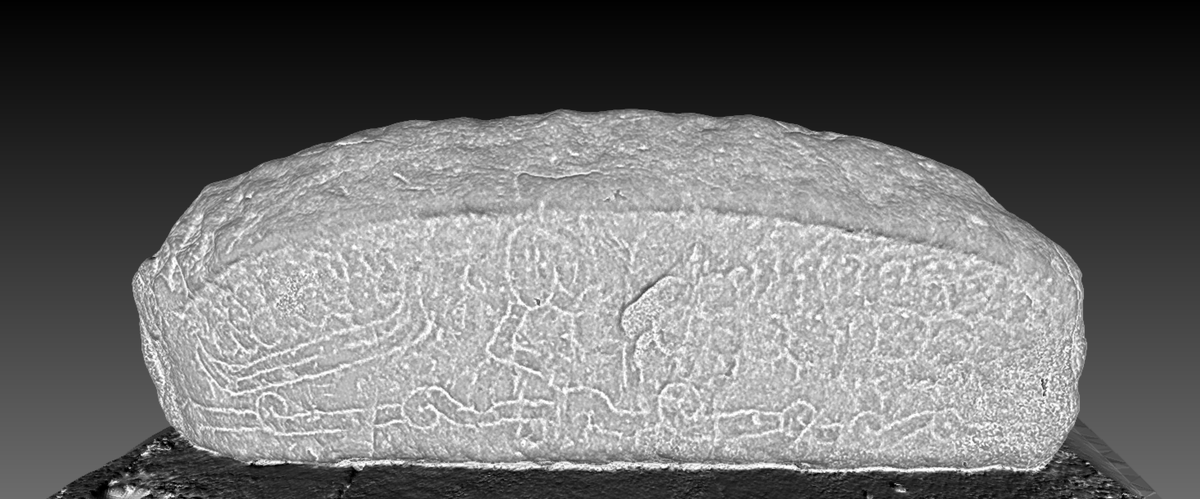 archaeoptics3d's tweet photo. Lowther 04 #hogback. Some interesting stuff going on on this one with a boat with warriors on the left, a long snake at the bottom, some more faint warriors at the right and something else in the middle @AS_Corpus @GovanStones #earlymediaeval #Viking #3d #photogrammetry https://t.co/kBCewY3LOg