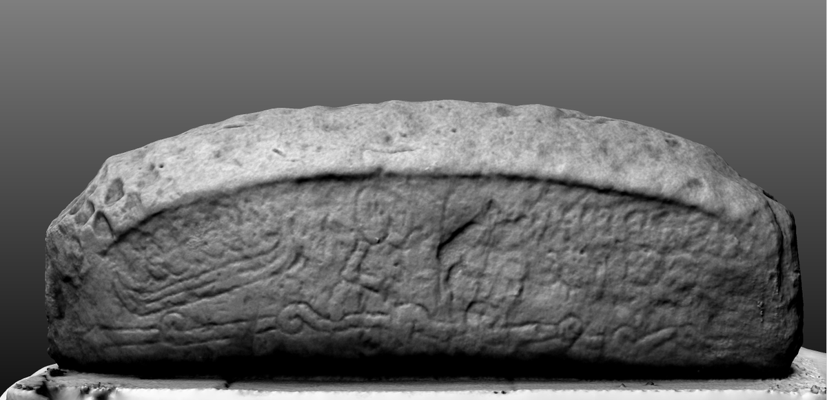 archaeoptics3d's tweet photo. Lowther 04 #hogback. Some interesting stuff going on on this one with a boat with warriors on the left, a long snake at the bottom, some more faint warriors at the right and something else in the middle @AS_Corpus @GovanStones #earlymediaeval #Viking #3d #photogrammetry https://t.co/kBCewY3LOg