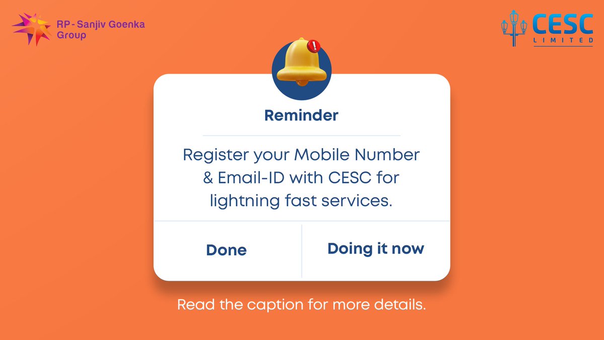 Easy identification during calls, bills and services in your mailbox, no need to enter customer ID time and again… the benefits of registering your mobile number and email ID with CESC are endless. Just visit cesc.co.in/customerRegist… It will take you only 2 minutes!…
