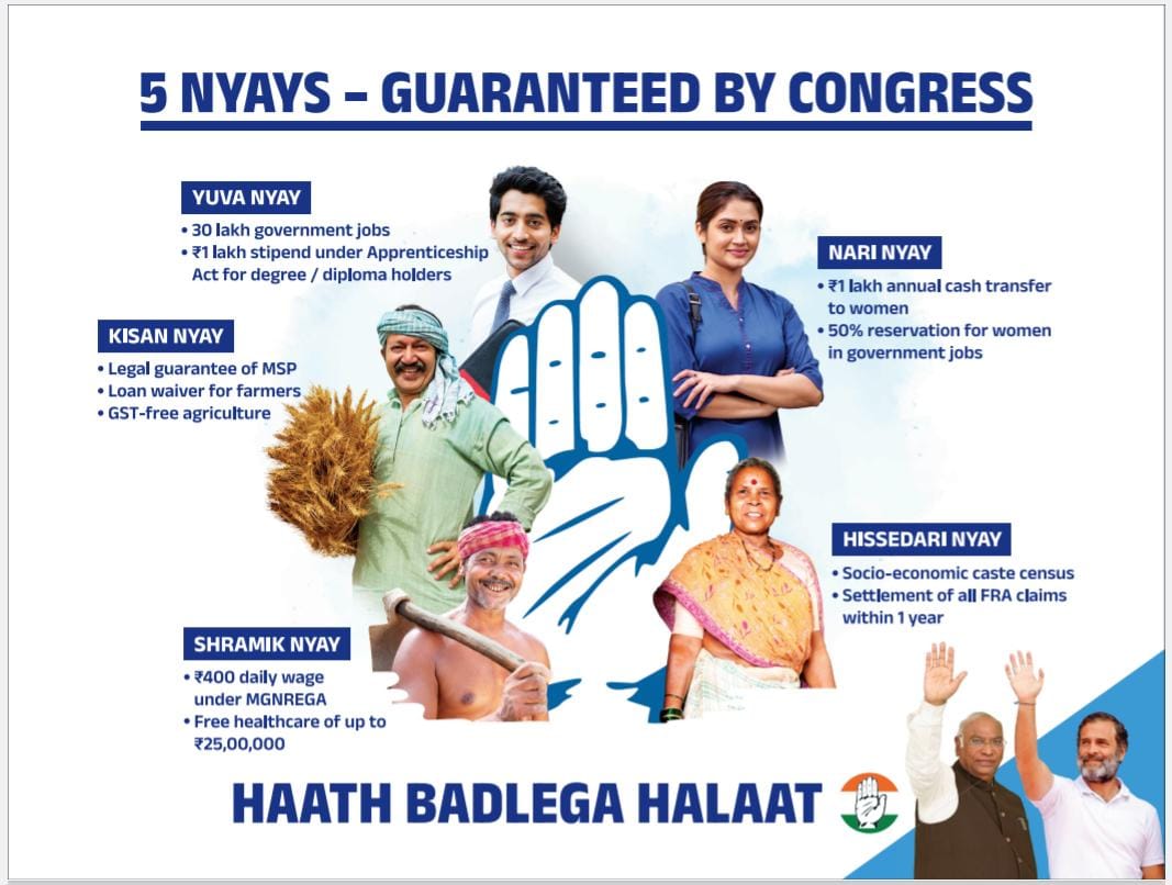 Congress' Five Guarantees: Empowering every citizen, uplifting communities, and paving the way for a brighter, inclusive future! 👉Yuva Nyay 👉 Hissedari Nyay 👉Nari Nyay 👉Kisan Nyay 👉Shramik Nyay Haath Badlega Halaat ✋