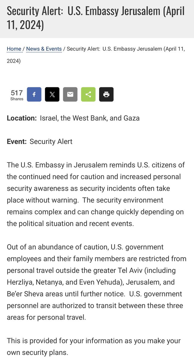 The U.S. Embassy in Jerusalem has released a Security Alert as well as an Updated Travel Alert for Israel today, in which they Restrict the Travel of U.S. Government Employees and their Families to the Cities of Jerusalem, Tel Aviv, and Be'er Sheva likely as a Precaution prior to…