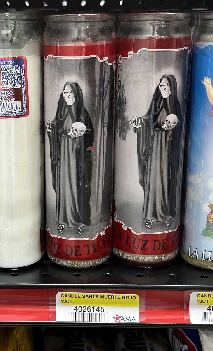 Disconcerting to me that the cult of Santa Muerte is so strong now in Texas that devotional candles are sold at name brand gas station chains