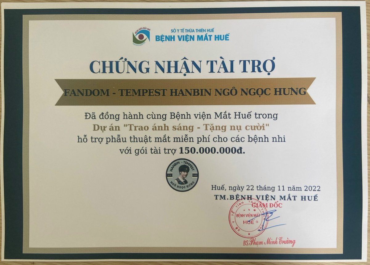 hubilandvn's tweet photo. Giấy chứng nhận tài trợ dự án "Trao ánh sáng - Tặng nụ cười" - Fandom Hanbin https://t.co/r2TgyUiga8