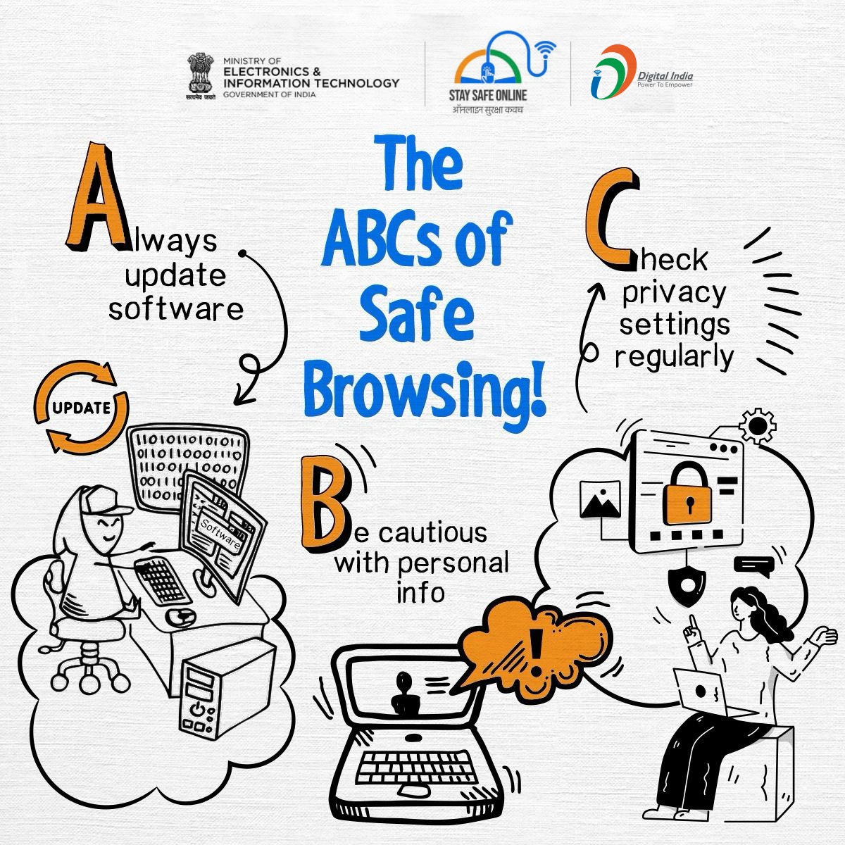 The ABCs of Safe Browsing

सुरक्षित ब्राउज़िंग के लिए इन बातों का रखें ध्यान

#cybersecurity #DigitalIndia