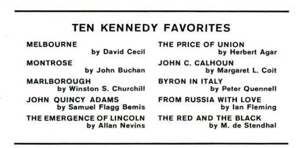 President Kennedy was a voracious reader, often reading a book a day. Here are his 10 favorite. I've read one of them.