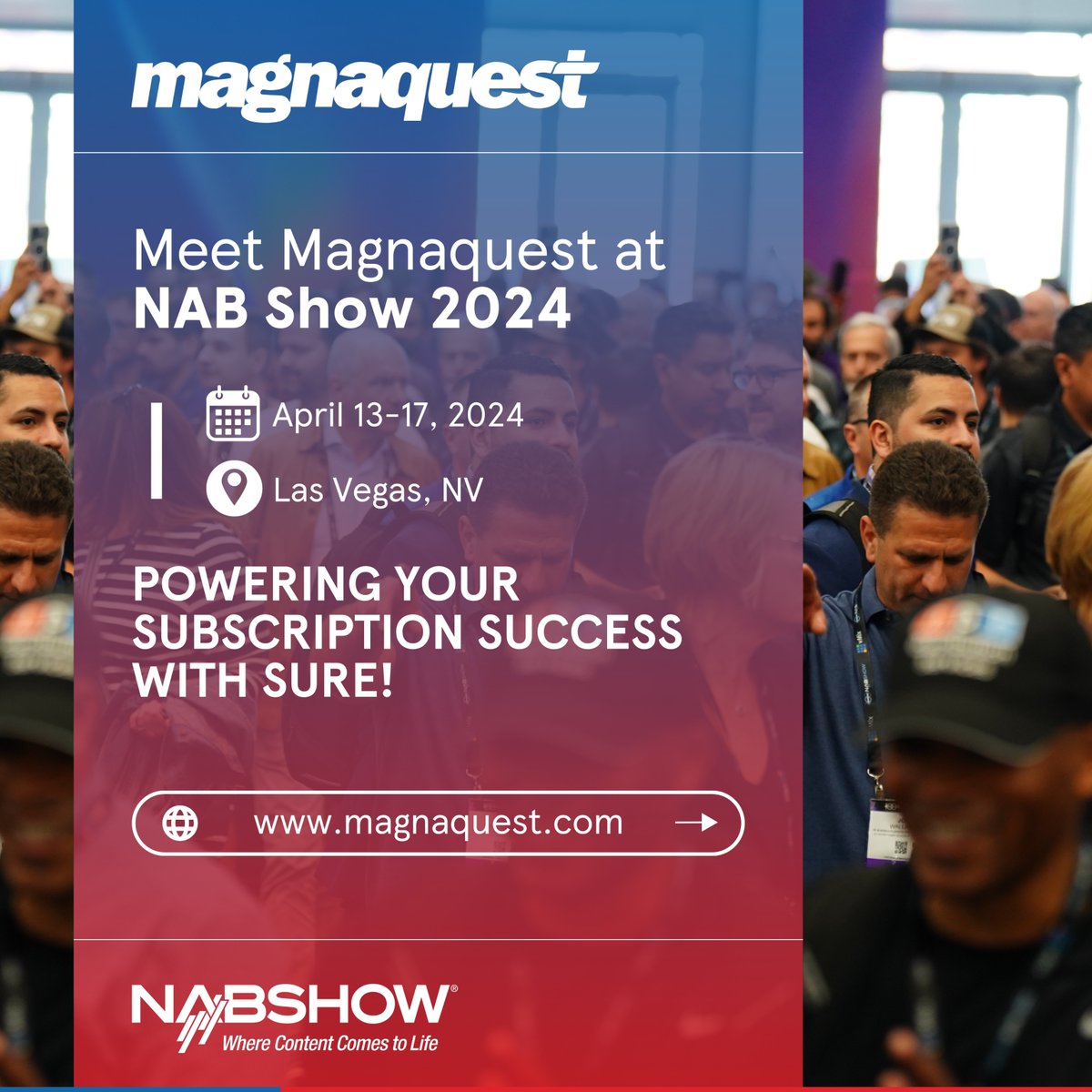 Magnaquest's tweet image. @Magnaquest, a leading provider of #SubscriberManagement solutions for over 25 years, will be showcasing our powerful platform, #Sure, at the upcoming #NABShow 2024.

Schedule a meeting with us to see how #Sure can transform your subscription business!

magnaquest.com/magnaquest-at-…