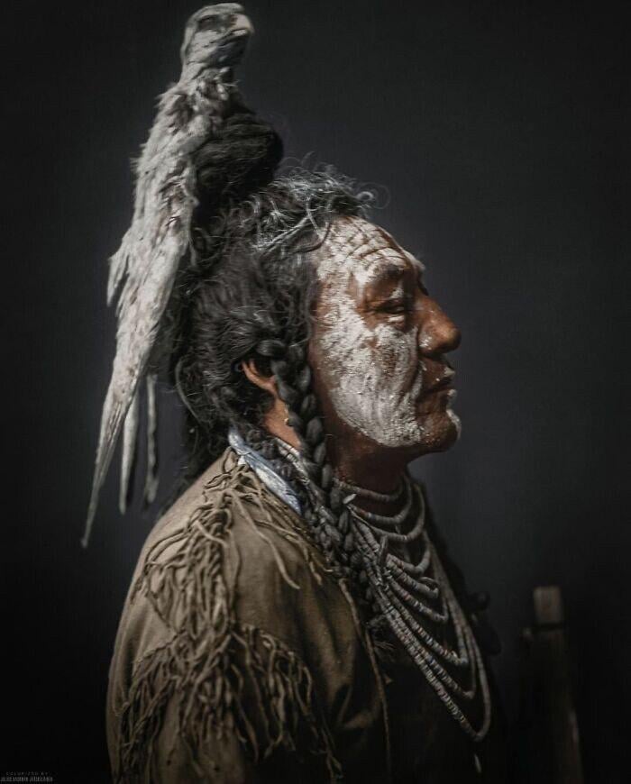 Native American by the name Two Whistles of Crow People (Apsáalooke). Picture by Edward S. Curtis, 1908.