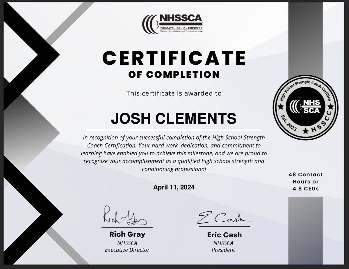 Clements59's tweet image. Excited about this certificate! @NHSSCA you guys did an outstanding job with the content and organization of each module. If you are looking to grow as a professional, the HSSCC is a great opportunity.