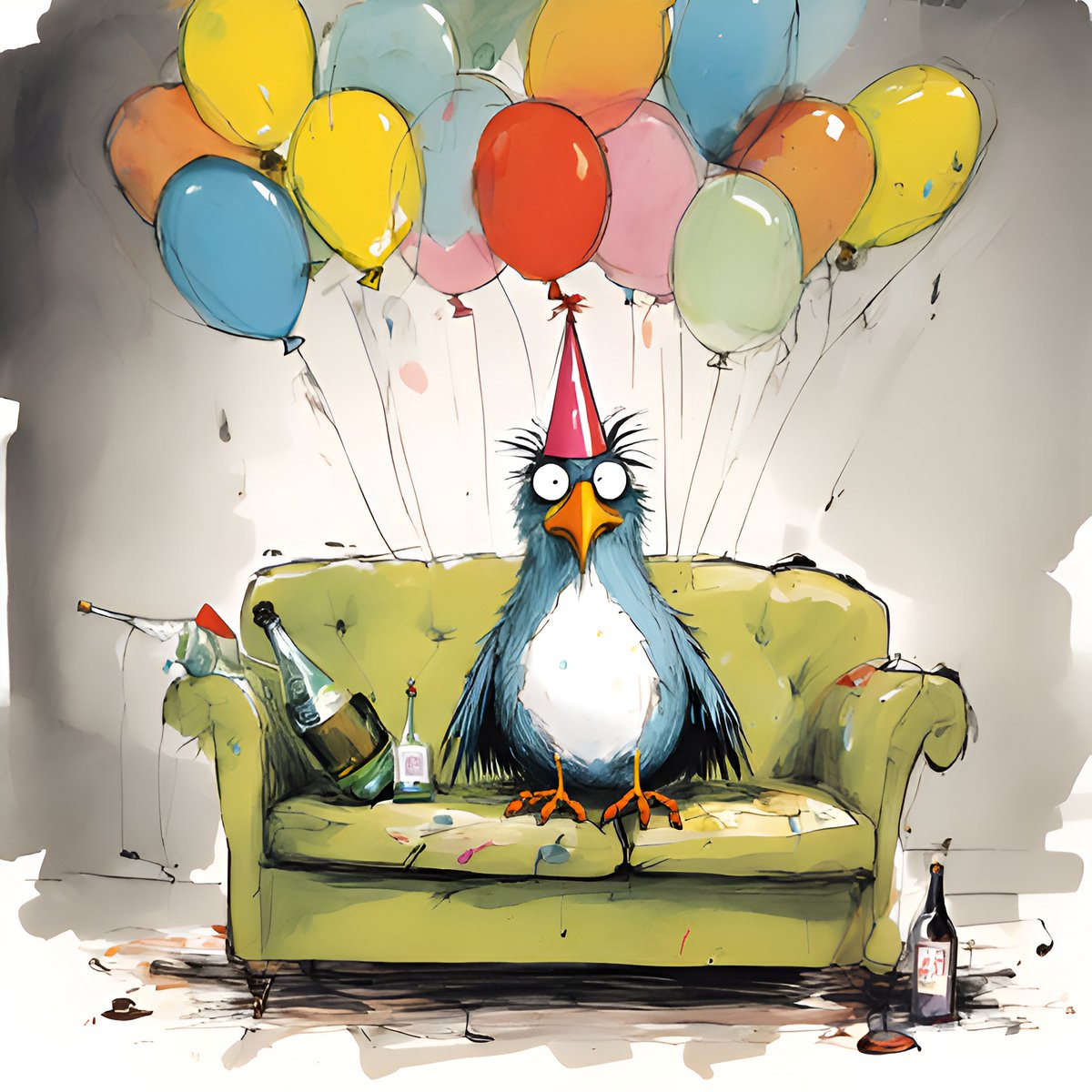 mightyfanforce's tweet photo. ✨#GAICommunity Weekly Showcase - @Button_Puppins: Humor in the Everyday✨

"Cheers!" is a quirky look at life's little absurdities. A lone bird on a party-fouled couch ponders its next move – a solo drink, cleaning up, or sleep? Humor emerges from the relatable post-party scene. Animals are her artistic companions, but she breathes life into everyday objects too, reminding us to laugh at ourselves. Her art resonates, making viewers smile at the little things. [1/3]