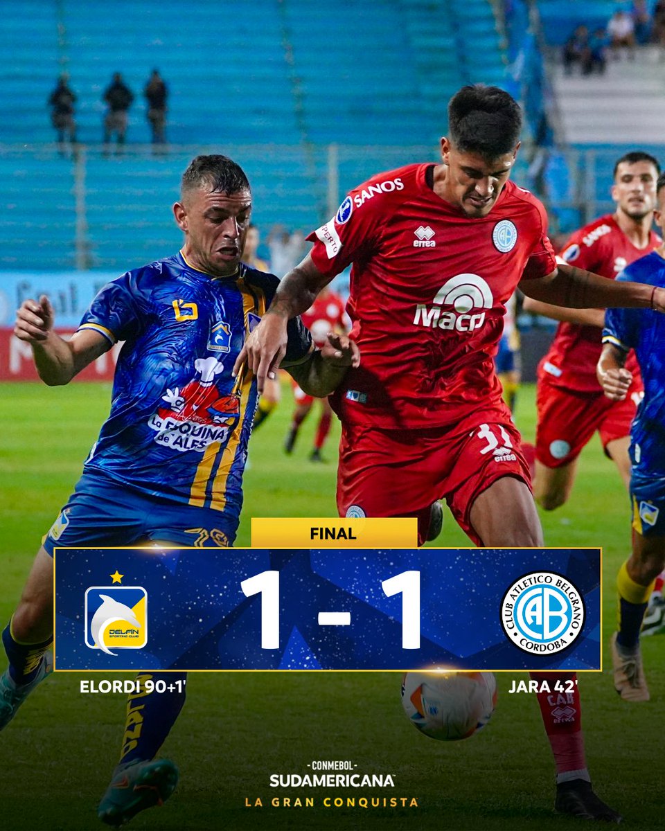 🇪🇨🤝🇦🇷 ¡Empate agónico del Cetáceo! ⚽️ @Belgrano ganaba con gol de Franco Jara en Manta hasta que Juan Manuel Elordi igualó para @DelfinSC 🇪🇨 en tiempo de descuento. 🏆 Fecha 2 - Grupo C #LaGranConquista