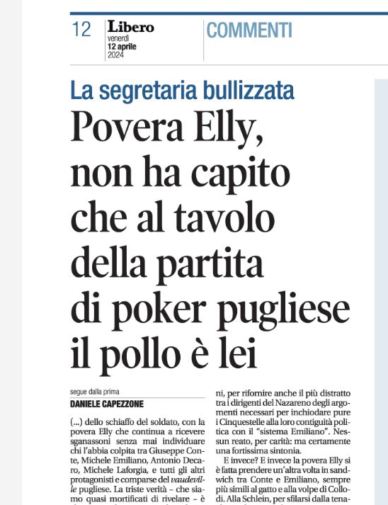 Ecco la prima di oggi di @libero_official Cozze amare per il Pd Mio commento. Se a un tavolo da poker, dopo mezz’ora di gioco, non hai capito chi è il pollo, allora il pollo sei tu. Oppure sei Elly Schlein.