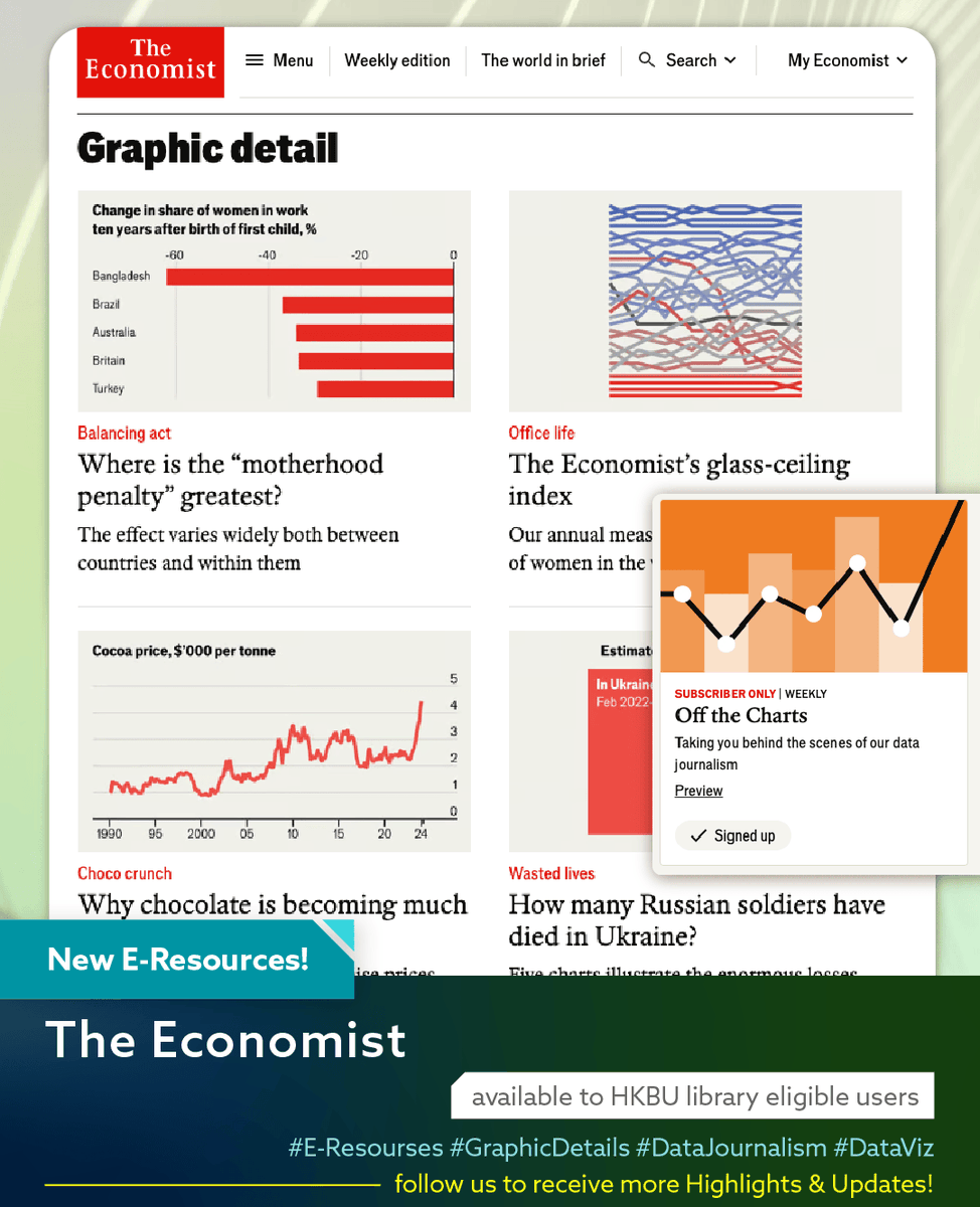 The Graphic Detail section in The Economist is a compilation of outstanding  data journalism and showcases some great examples of data visualization. Check it out to see how graphs can tell captivating stories! 🤩

economist.com/graphic-detail

#Economist #DataViz #DataJournalism