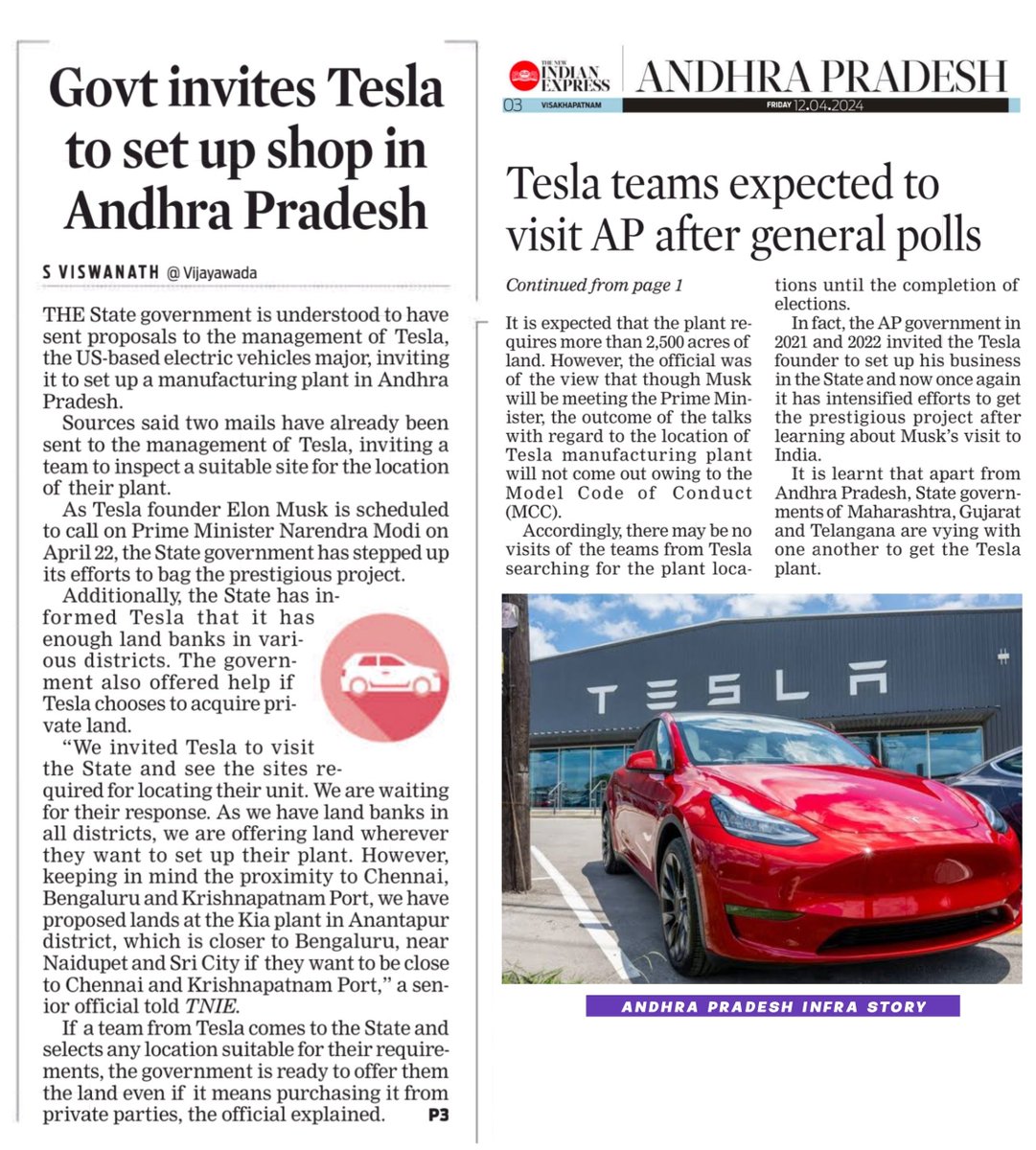 🔸Andhra Pradesh Govt invites Tesla to set up EV Cars Manufacturing Plant In State 🚘 🔹AP Govt invited Tesla to visit the State and see the sites required for locating their unit 🔹The State Govt has informed Tesla that it has enough land banks in various districts. The…