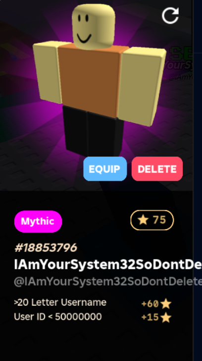BluestarID_'s tweet photo. So, I was just playing with ChatGPT when I heard a Mythic SFX from @haz3m_'s new #playerrng game on #Roblox. I went to check it out and found out I got a super long username! This is also my first Mythic 💀 https://t.co/JDaGducIKM