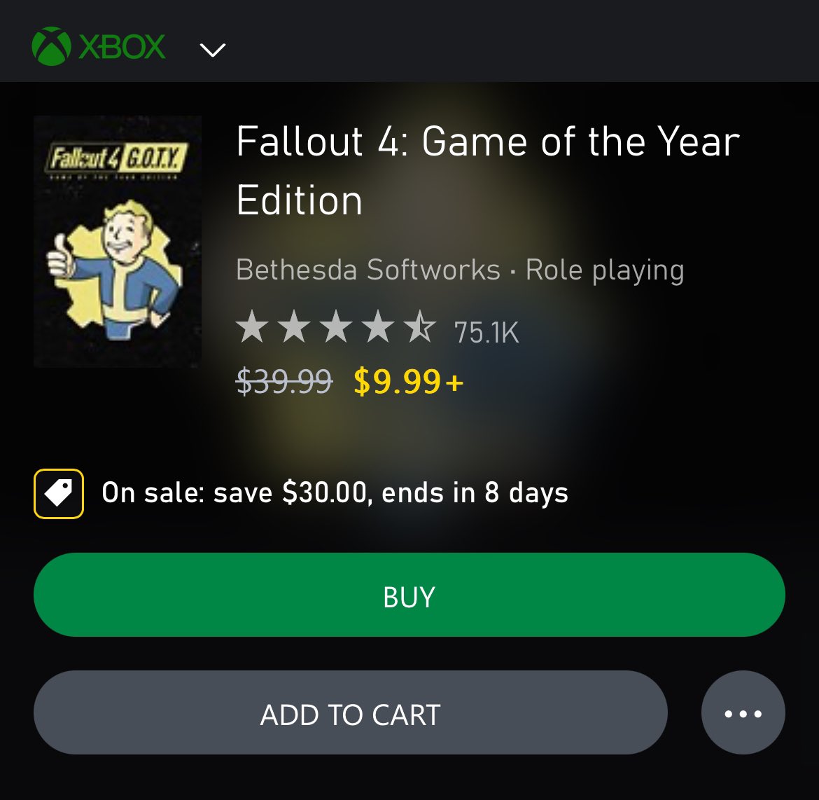 PSA: With the new update to Fallout 4 dropping on April 25th, the GOTY edition is currently $10 till April 19th. Worth it even if you have GamePass with the game included.