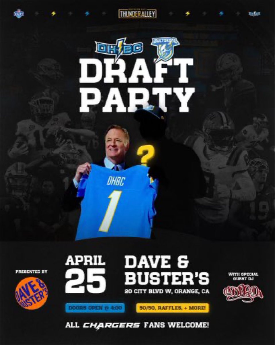 It’s going down at Dave & Busters in Orange! @DnBOrange @boltskool @ #DHBC hosting ALL fans! FREE entry & prize drawings all night long! @chargers #NFLDraft2024 The ultimate sports book feel with a 50 foot wall visual screen & an epic DJ! #BoltUp⚡️