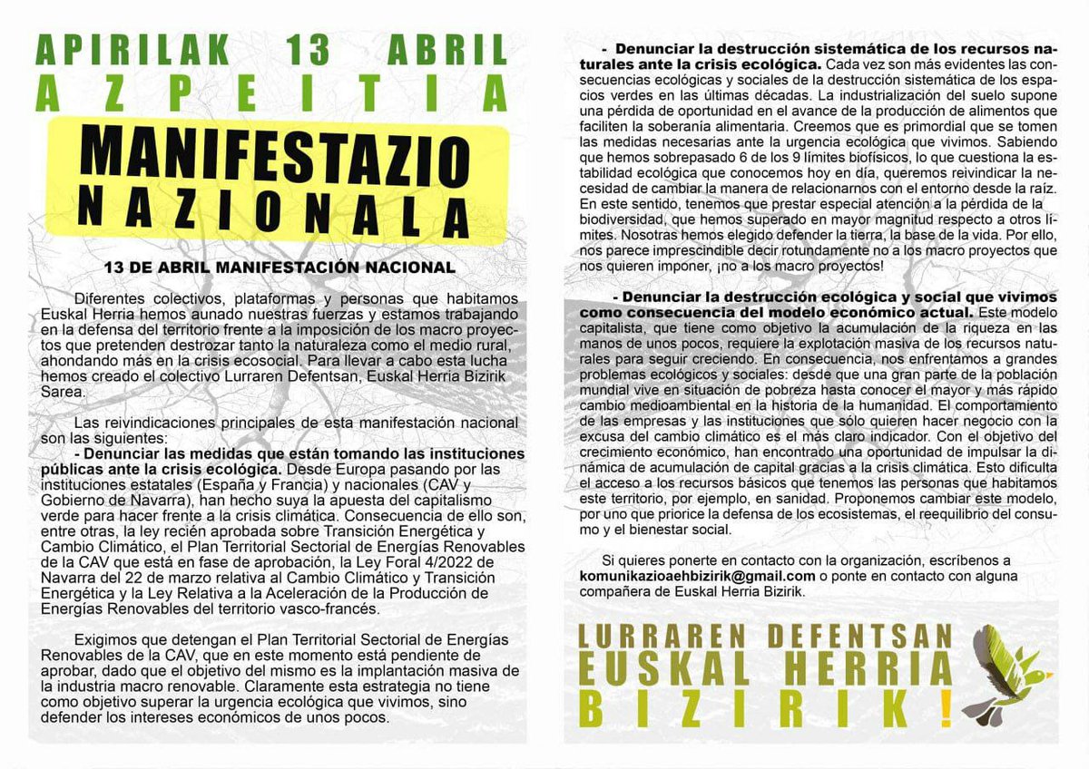 CNT apoya y anima: 📢MANIFESTAZIOA 📢13 abril-18:00h-Azpeitia 🔴Rechazo social a los macroproyectos que atentan contra la naturaleza ⚫️Oposición proyecto de la central eólica promovida por la multinacional Statktaft 🔴Defensa de los ecosistemas, reequilibrio del consumo