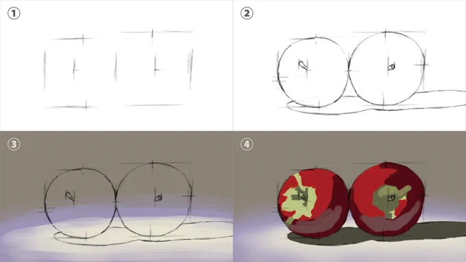 デジタルで描いたリンゴのプロセス。制作時間は1時間50分くらい。 