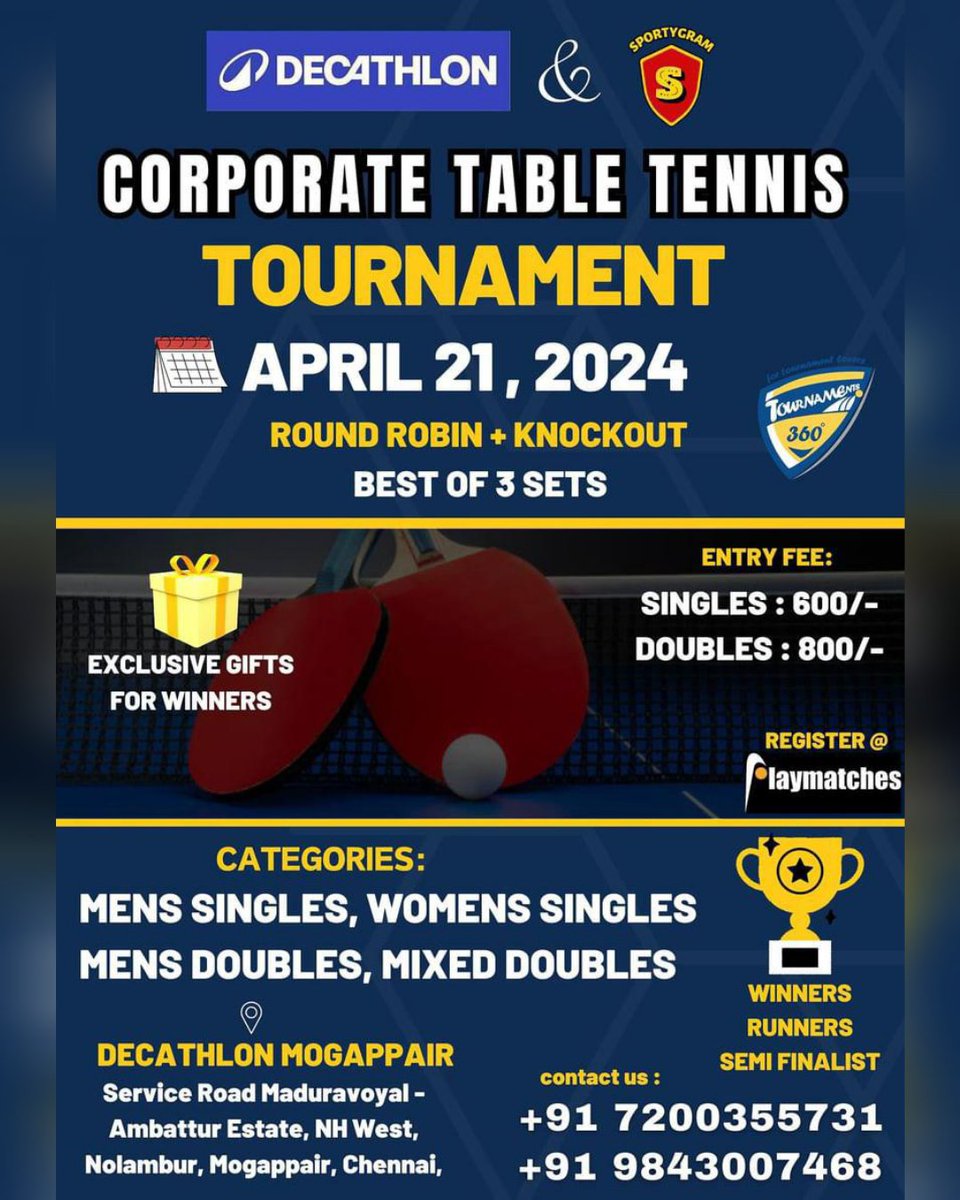 #Decathlon and Sportygram presents #Corporate #TableTennis 🏓 #Tournament. The tournament to be held on 21st April 2024. Held at Decathlon Mogappair, #Chennai @tournaments_360 @Sportygram_in @TweeTTDaily @tabletennisshop @Decathlon_India