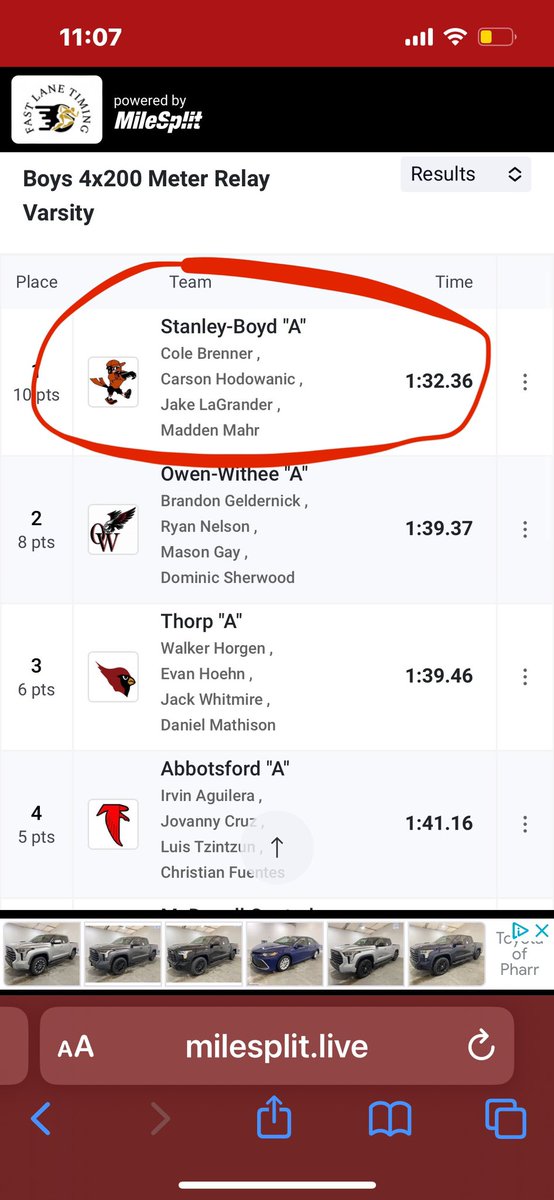 Couple PRs in 2nd outdoor meet!
100m: 11.39 🥈
200m: 23.20 🥈
4x200: 1:32.36 (school record)🥇