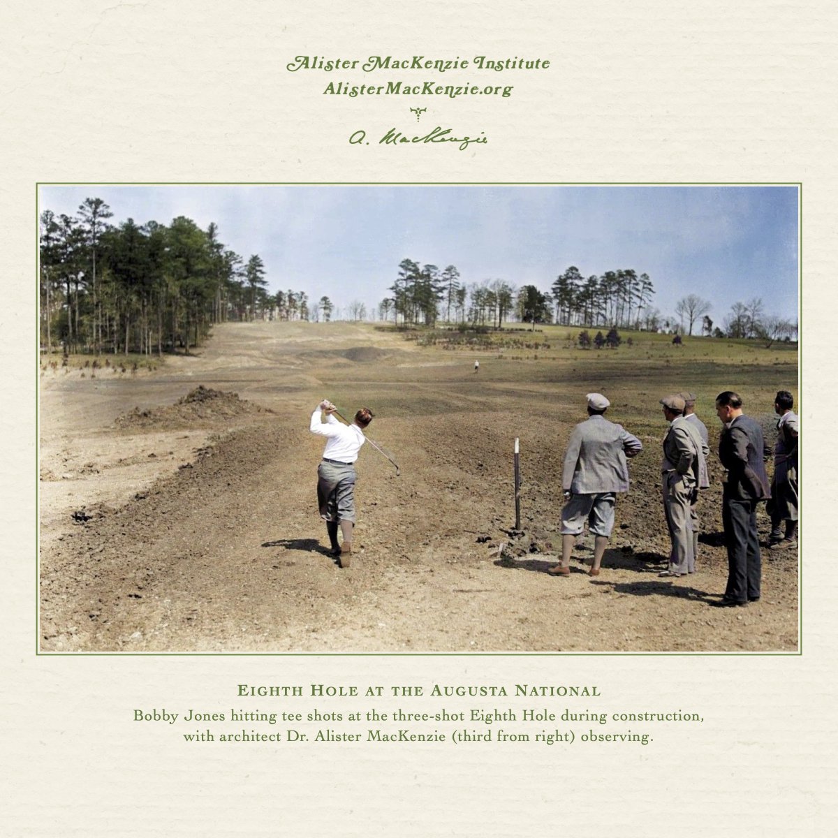 DoctorMacKenzie's tweet image. Bobby Jones with Dr. MacKenzie testing tee shots at the Par 5 Eighth Hole circa 1932 @TheMasters #AugustaNational #AlisterMacKenzie #themasters