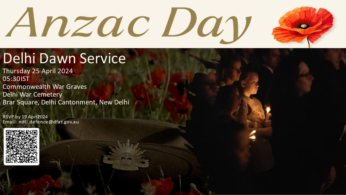 Calling all Australians (& Kiwi cousins) for our annual #AnzacDay commemoration at the Delhi War Cemetery at dawn on 25 April. A “Gunfire Breakfast” will follow at my Residence. Looking forward to a big turnout. All welcome! Register your attendance 👇forms.office.com/pages/response…