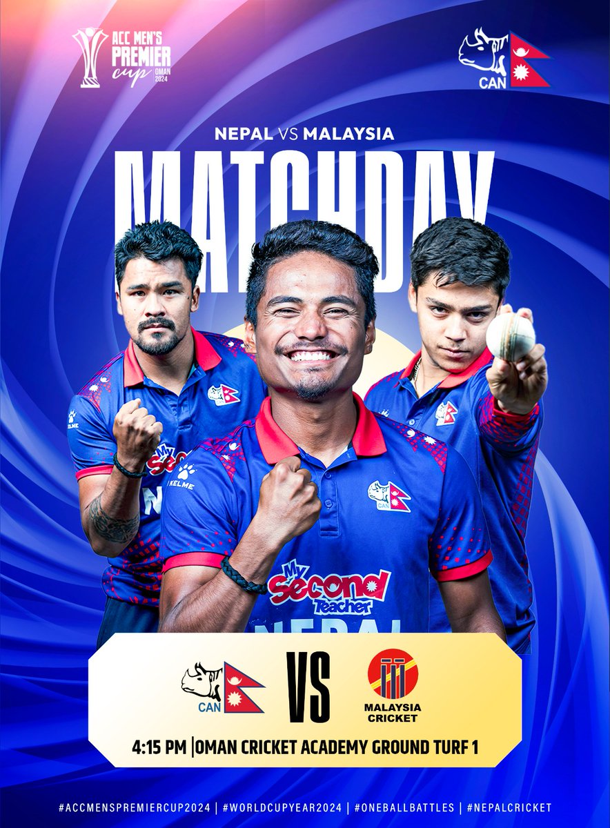 ACC Premier Cup 2024 is all set to unfold its action from today as #Rhinos and Malaysia battle it out at Oman with action set to start from 4:15PM NPT 🏏🏆 #ACCMensPremierCup2024 | #WorldCupYear2024 | #OneBallBattles | #NepalCricket