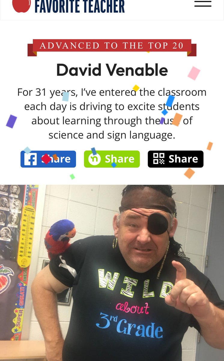#UPDATE I have made it to the top 15 of the @readersdigest #Teacher of the Year #Contest . #ThankYou . Now I need your #Votes to make it into the top 10. You can.#vote once a day at this link for free. Please click here and be my #Hero americasfavteacher.org/2024/david-ven…