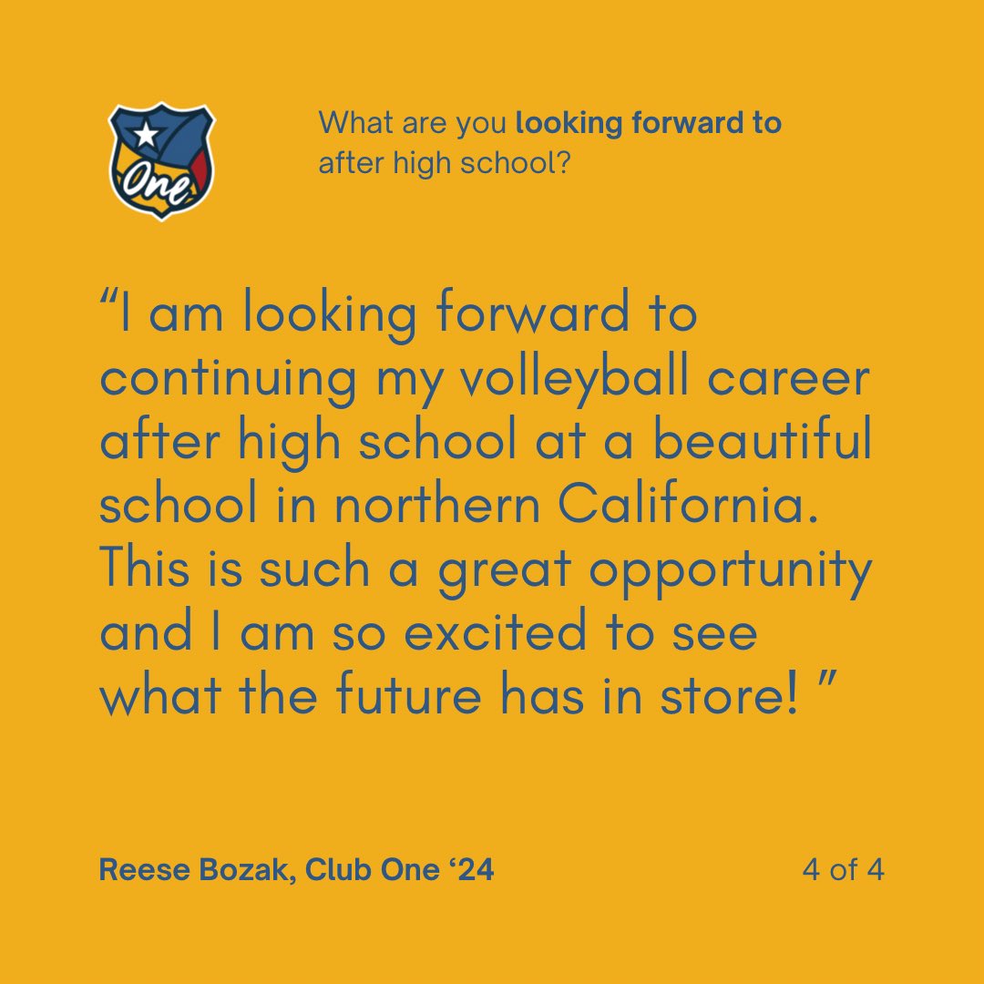 “Volleyball is a game of mistakes, but it’s the way you react to those mistakes that helps you grow.” -Reese Bozak, Club One Class of ‘24 We’re so grateful for our seniors 💛 Keep checking back as we continue to feature our Q&A with these special young women. #ONEVBFAM