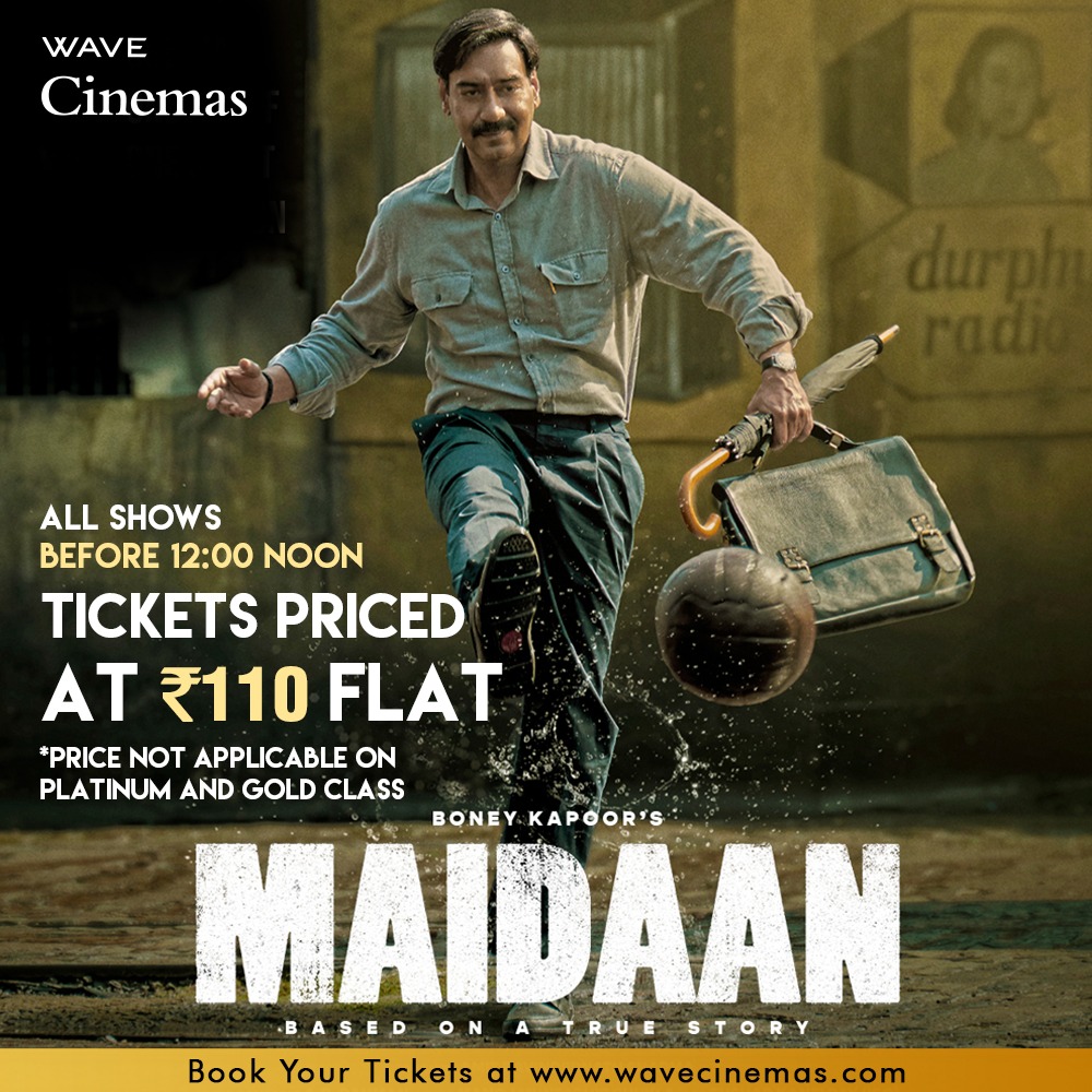 Beyond the game of football lies an extraordinary tale of determination, sacrifice, and triumph. Watch for the whole week, all shows of #Maidaan before 12:00 Noon at Rs 110. (Offer not applicable on platinum and gold class) Book tickets now at wavecinemas.com