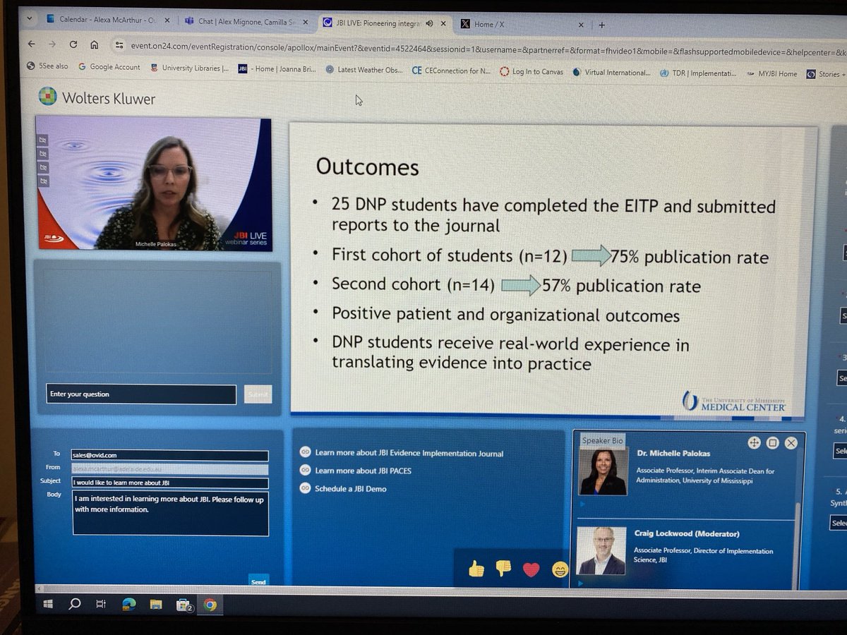 Fantastic  #JBILIVE webinar about integration of ⁦@JBIEBHC⁩ implementation methodology in @UMMC_SON Doctorate of Nursing Programs. Great to hear from Prof Robin Christian, AProf Michelle Palokas and ⁦@CraigSL01⁩ ⁦@wkhealth⁩