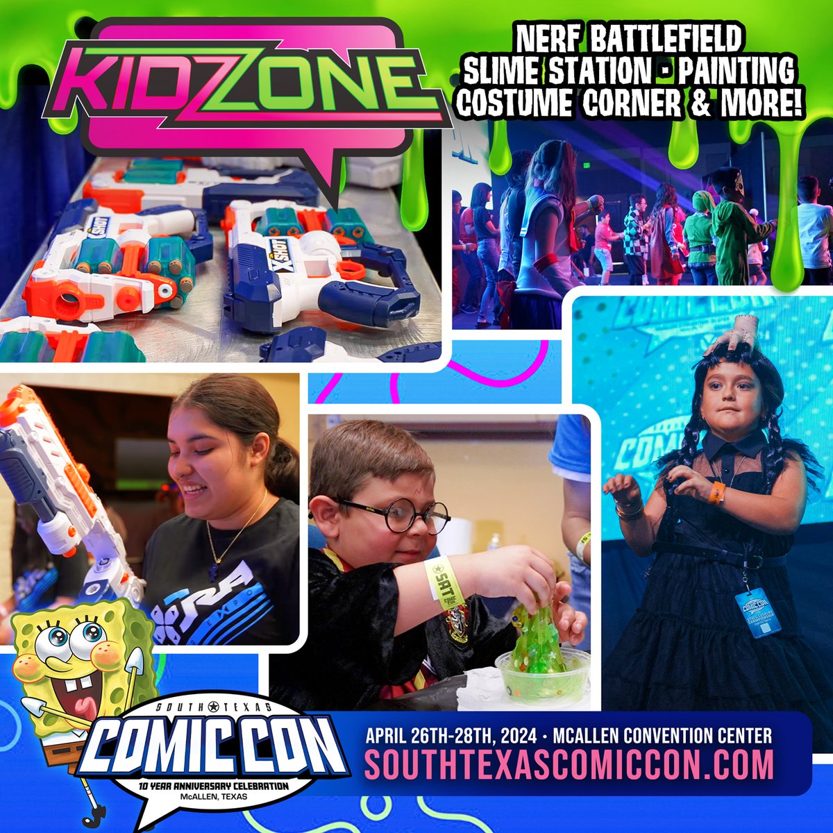 Experience non-stop fun for the whole family at the KidzZone in South Texas Comic Con! 🎉 Dive into the action-packed Nerf Battlefield, unleash your creativity at the slime station and painting zone, or strike a pose at the costume corner for unforgettable photos! 📸