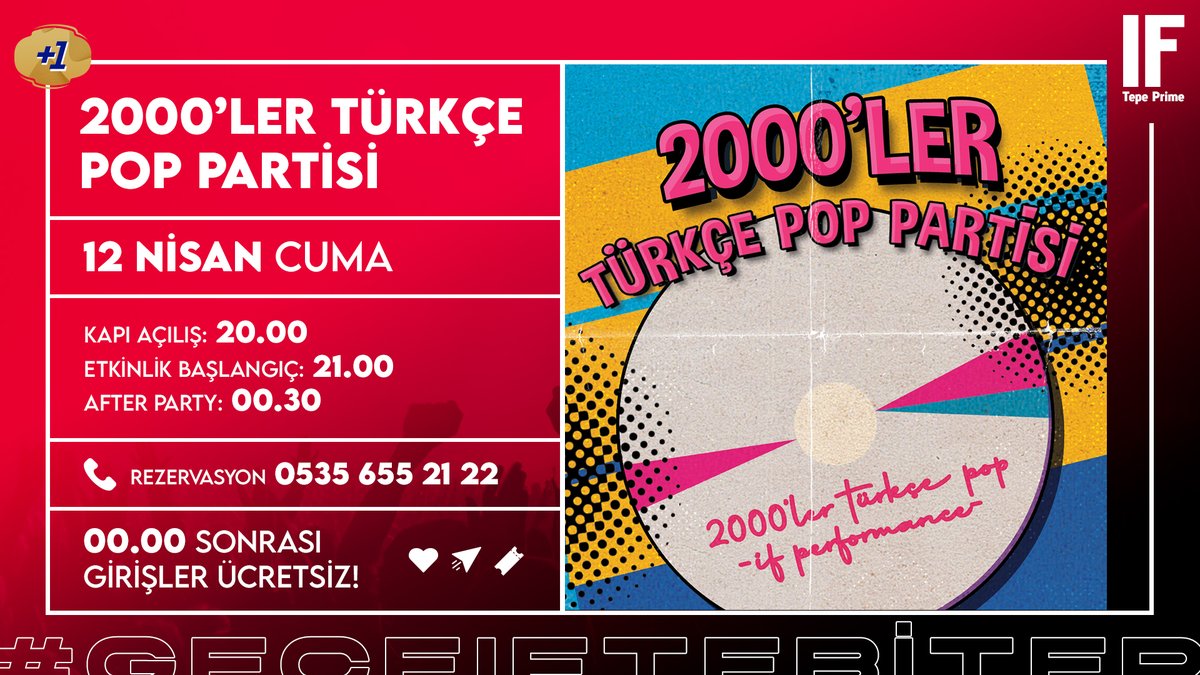 '2000'LER TÜRKÇE POP PARTİSİ' bu akşam IF Tepe Sahnesinde!
Biletler ifperformance.com/etkinlik/285/2…
Bistro rezervasyonlarınız için 05356552122 no'lu tlf'dan detaylı bilgi alabilirsiniz...
2000'LER TÜRKÇE POP PARTİSİ 21.00

 #IFTepe #TepePrime #Ankara #Event #GeceIFteBiter #2000s #2000ler