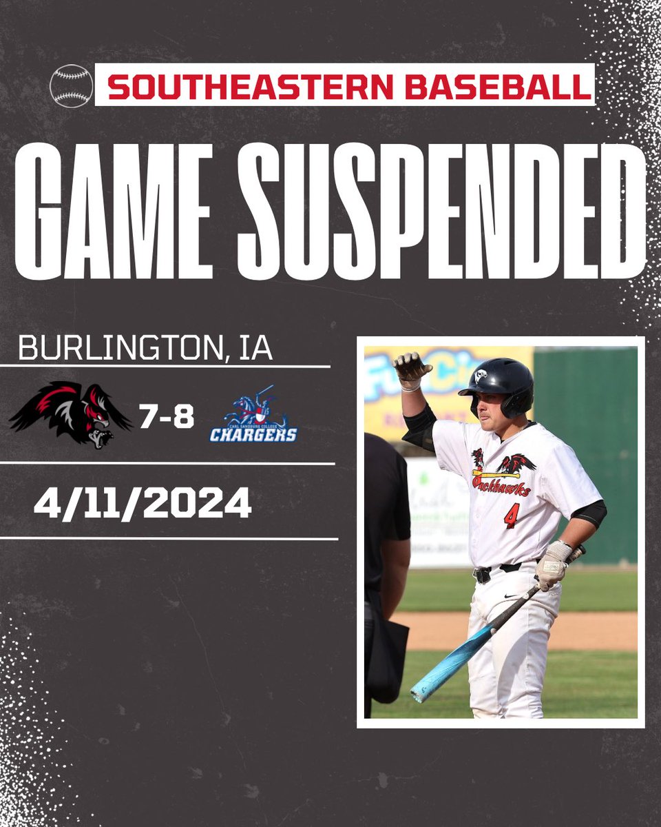 ⚾️Southeastern Baseball⚾️ 🗓️4/11/2024 📍Burlington, IA ⚾️Southeastern vs. Carl Sandburg has been suspended until April 29th, with the score at 7-8 in the bottom of the fifth. ⚾️The teams will finish the remainder of the game, and make the 29th a double header in Burlington.