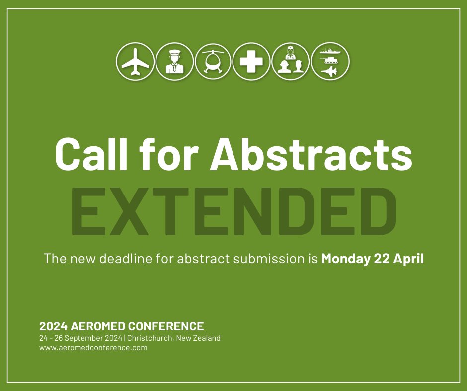 OK all, time to get serious about your abstract submissions for #Aeromed24! We have a great program that is shaping up already - make sure we don’t miss your voice in the mix, submit by April 22 🗓️ aeromedconference.com/submit-an-abst…