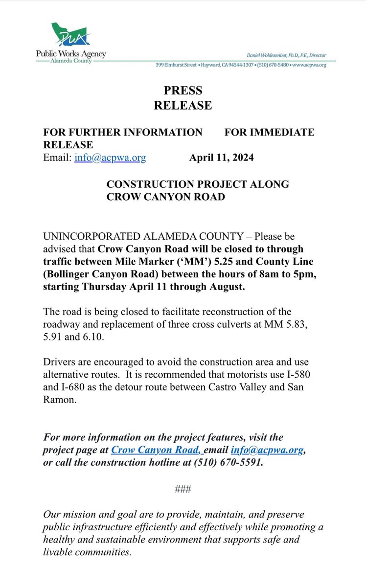 CLOSURE TO THROUGH TRAFFIC ON CROW CANYON ROAD