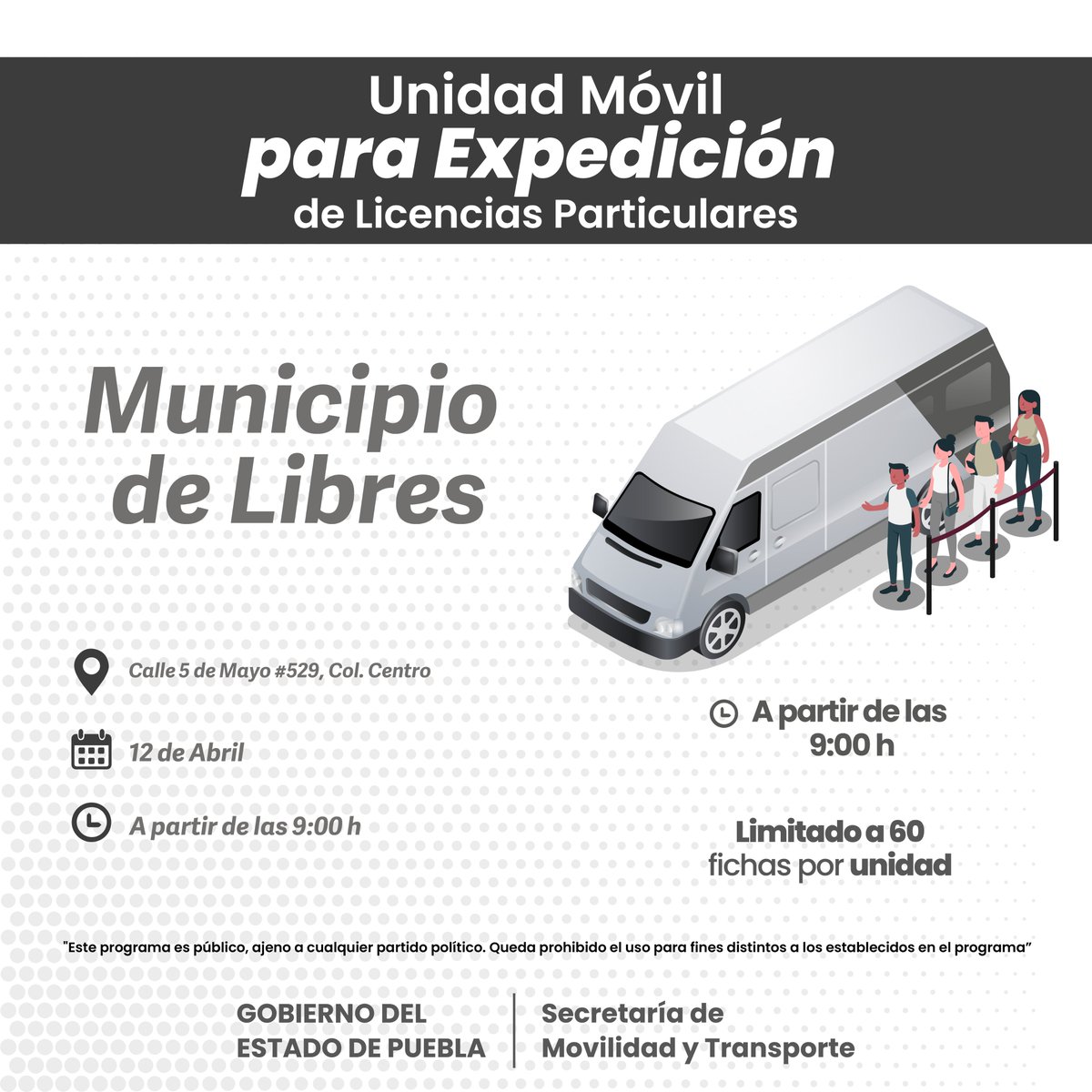 La #UnidadMóvil para la expedición de licencias particulares, hoy se encuentra en el Municipio de Acajete y en el Municipio de Libres. 📍Dirección en la imagen 💲🗒️ bit.ly/3Rondel 🕐 A partir de las 9:00