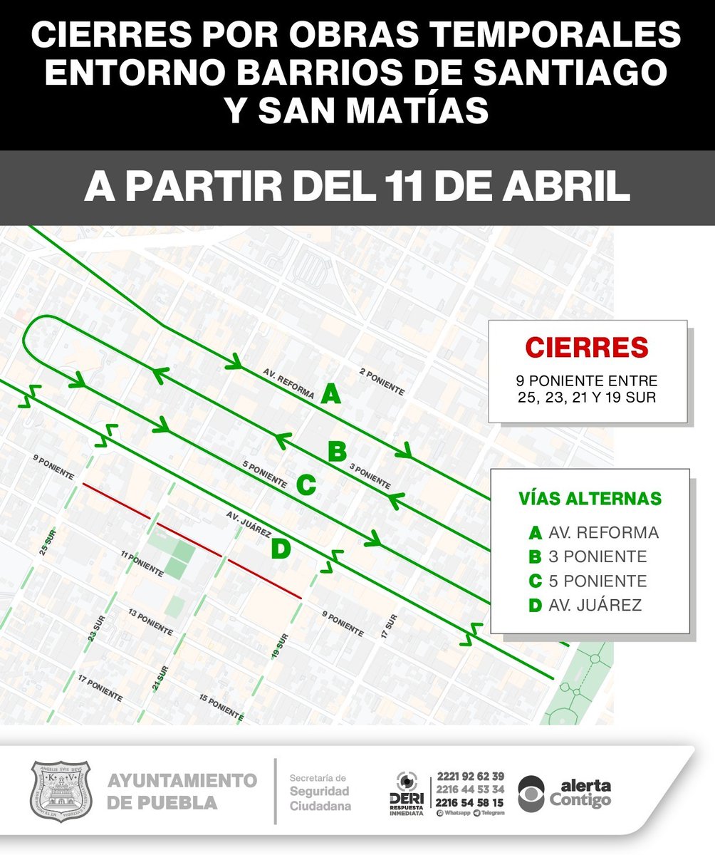 🚨| A partir del 11 de Abril, se implementarán cierres temporales a la circulación en los Barrios de Santiago y San Matías. Consulta el mapa con vías alternas y toma precauciones. 🚔