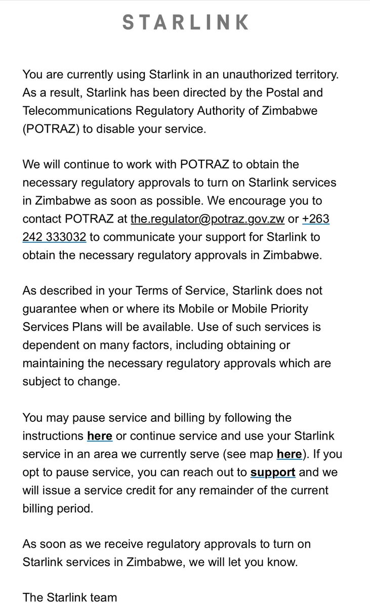 POTRAZ has directed @starlink to switch off all services in Zimbabwe